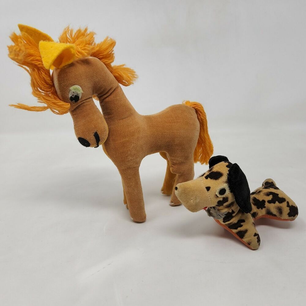 VINTAGE JAPAN PLUSH PRIZE BROWN HORSE SPOTTED DACHSUND ANIMAL TOY DOLL FELT EYES